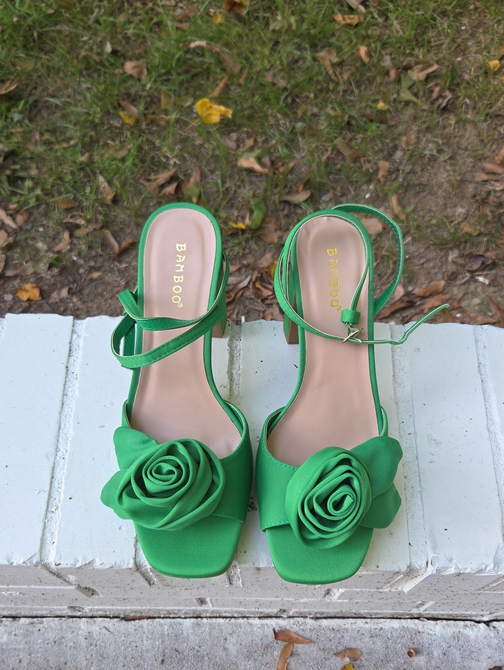 BAMBOO Emerald Green Rose Detail Ankle-Strap Heels